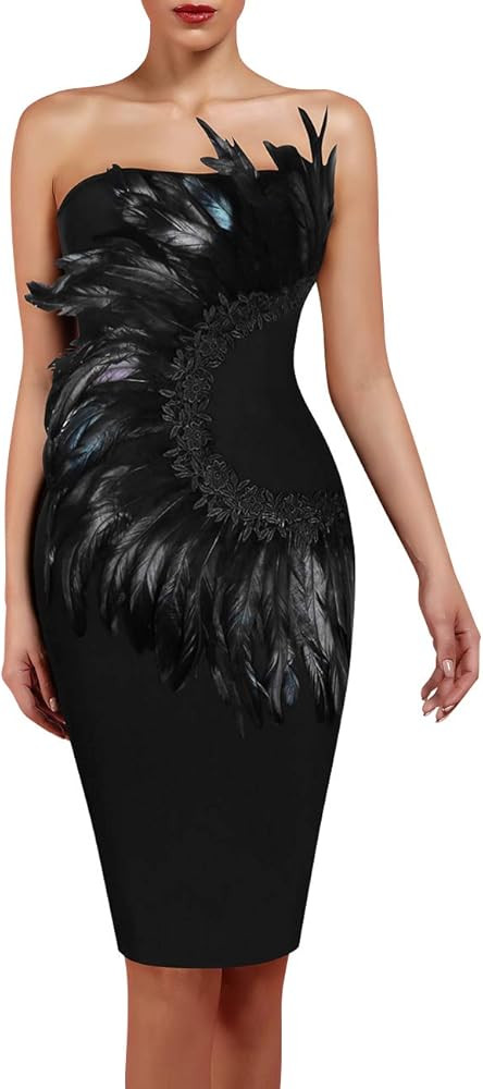 UONBOX Women's Elegant Strapless Feather Fashion Bodycon Bandage Tube Dress | Amazon (US)