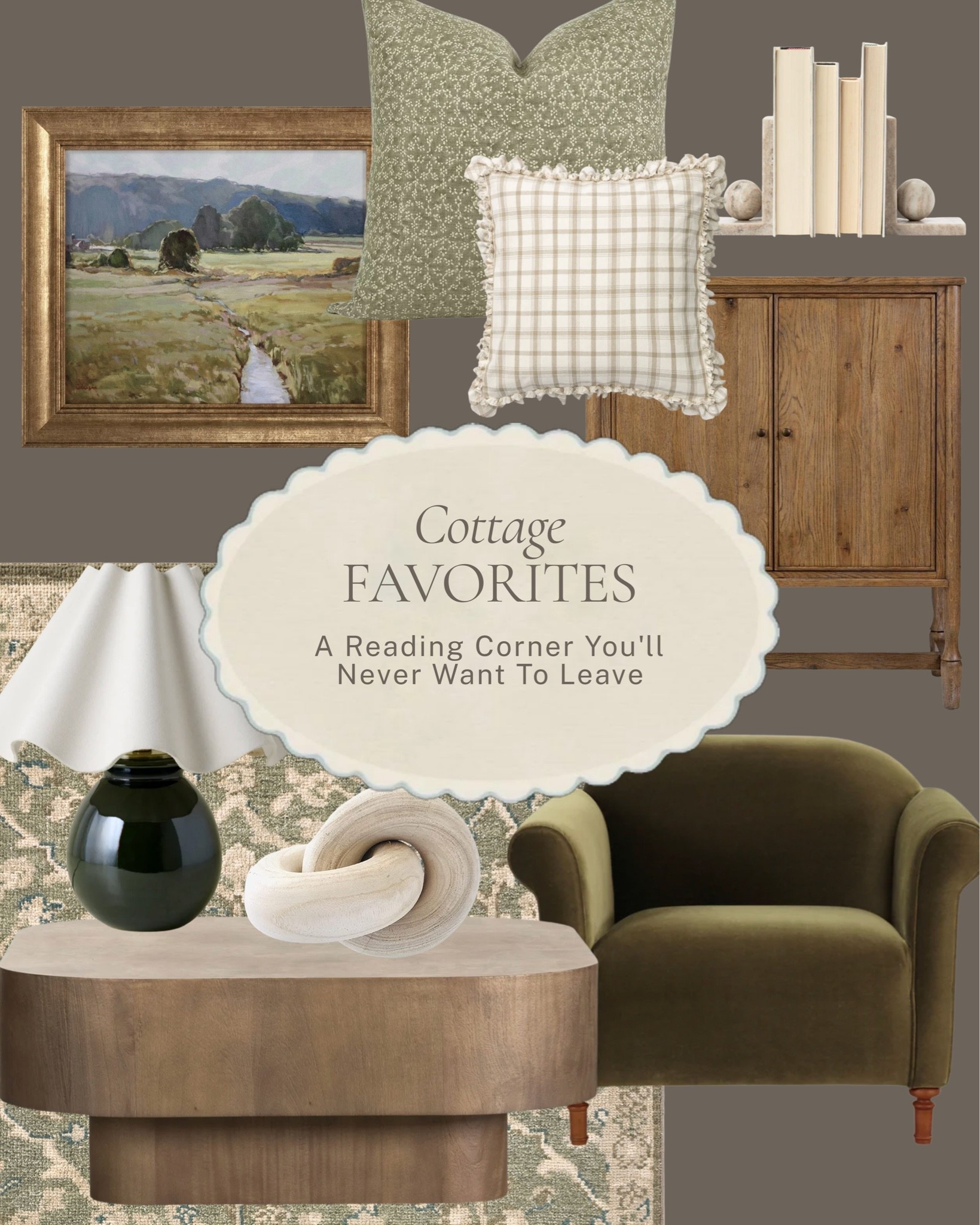 The reading corner that makes you want to put your phone down ✨ 

An olive velvet loveseat, a sculptural oval coffee table, a dark ceramic lamp, a ruffle plaid pillow, a vintage landscape, a rustic wood cabinet, and a vintage-inspired rug that makes the whole corner feel like it was always meant to be there. 

All linked here 🤍 

#LTKhome