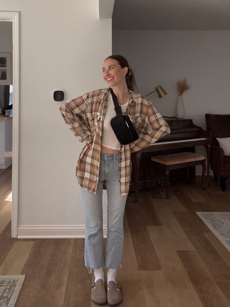 fall trends 2022, fall outfit 2022, oversized flannel outfit, straight leg jeans outfit, claw clip outfit, clogs outfit, belt bag outfit, black belt bag, quilted belt bag, flannel 

#LTKSale #LTKSeasonal #LTKunder50