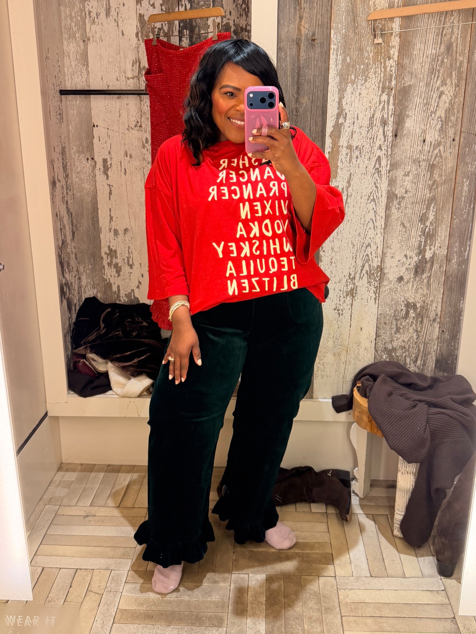 Fun Holiday outfit from Anthropologie! Wearing a 32 in green velvet ruffle Collette pants and xl in graphic tee!! 

#LTKPlusSize #LTKMidsize #LTKHoliday