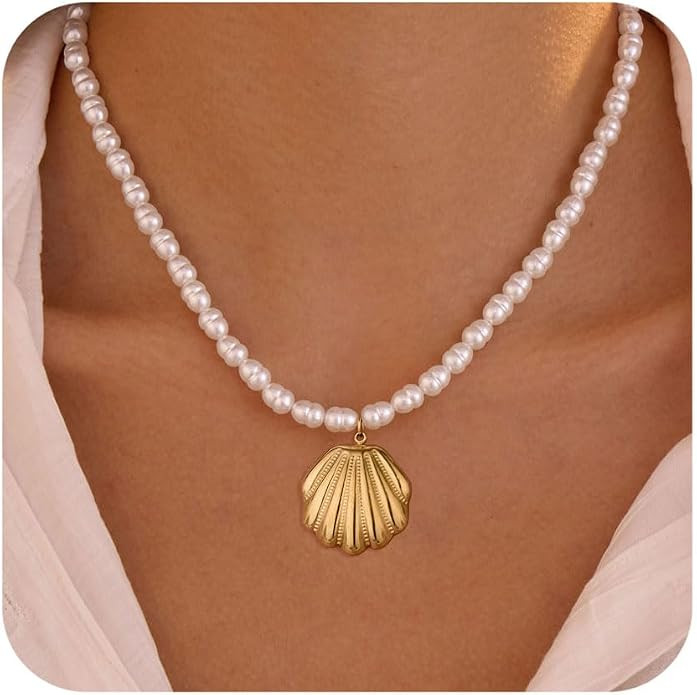 Pearl Necklace for Women Gold Starfish Shell Fish Pendant Necklaces Trendy Summer Beach Jewelry F... | Amazon (US)