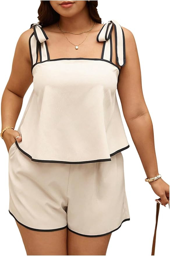 OYOANGLE Women's Plus Size 2 Piece Set Tie Shoulder Tank Top and Shorts Lounge Sets Summer Outfit... | Amazon (US)