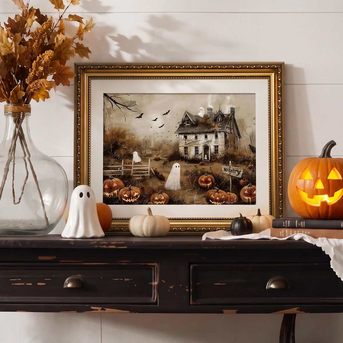 Vintage Gold Framed Spooky Halloween Wall Art, 13x16 Haunted House Jack-o’-Lanterns Bats Canvas... | Wayfair North America