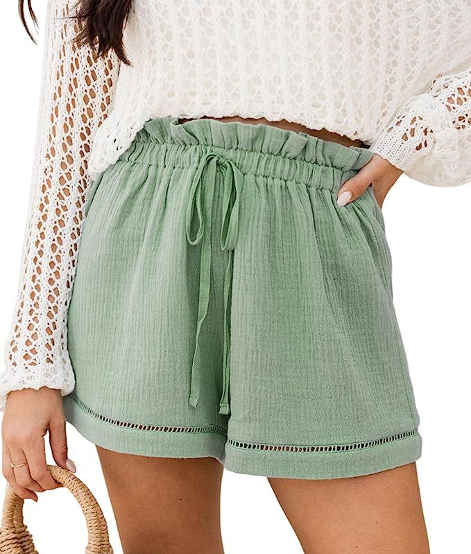 Dokotoo Womens 2023 Casual Shorts High Waisted Drawstring Cute Comfy Elastic Summer Shorts S-XL | Amazon (US)