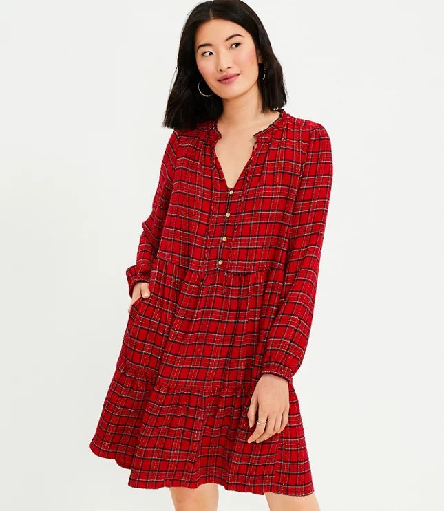 Shimmer Plaid Tiered Pocket Dress | LOFT