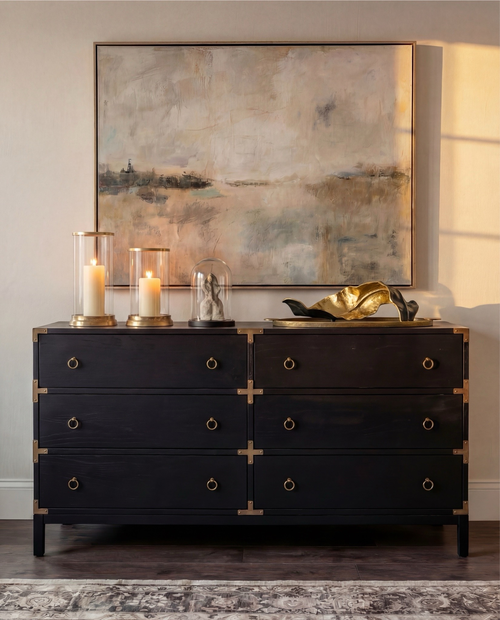 Shop the Look: Bedroom Refresh
• Upholstered wingback bed (ivory fabric)
• White cotton bedding set
• Neutral euro pillows
• Black and tan patterned accent pillows
• Chunky knit throw blanket (camel brown)
• Dark black wood nightstands
• Decorative bunny Brass table lamps with white shades
• Framed abstract wall art (neutral tones)
• Vintage-style area rug (beige and taupe)
• Dark black wood dresser with brass hardware
• Brass ring drawer pulls
• Glass hurricane candle holders
• White pillar candles
• Decorative brass tray
• Sculptural brass decor object
• Small stone sculpture 
• Light beige linen curtains
• Ceramic vase (off-white)
• Decorative branches
• Coffee table books (neutral covers)
• Upholstered bench at foot of bed (cream fabric)

#LTKHome #LTKSaleAlert