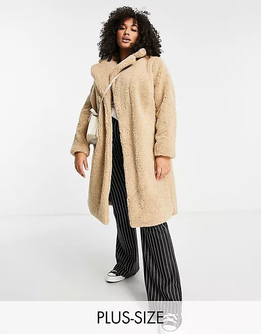 New Look Curve teddy borg coat in camel | ASOS | ASOS (Global)