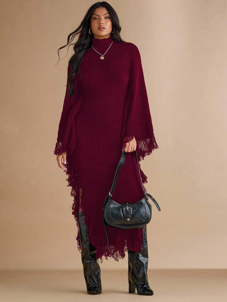 Silquee Women's Solid Color Stand Collar Fringe Decor Side Slit Dress, Autumn/Winter,Fall,Fall Clothes For Women | SHEIN