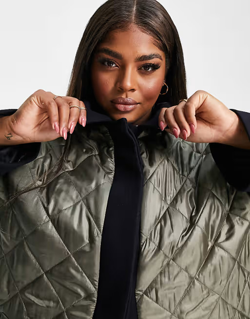 ASOS DESIGN Curve hybrid quilted shacket in khaki and navy | ASOS (Global)