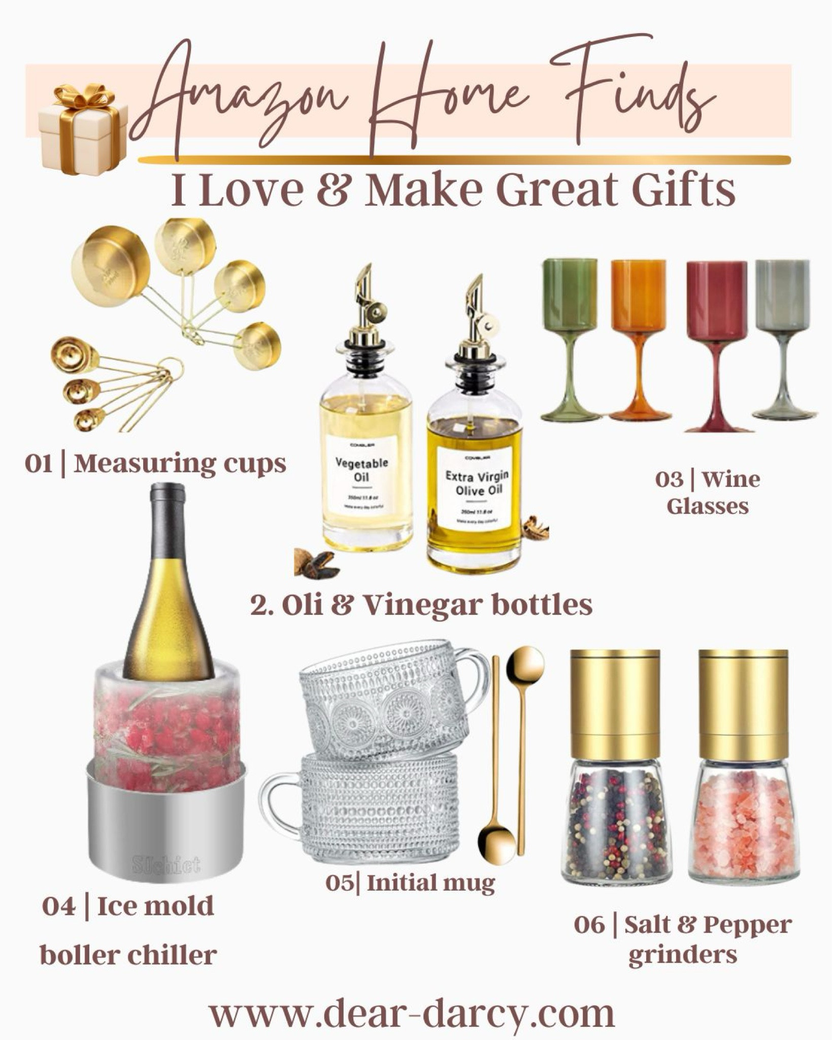 Amazon Home finds 
I love and make great gifts

Gold measuring cups
Olive oil/vinegar bottles gold tops
Asst jewel tone wine glasses 
Wine chiller/create a beautiful ice mold

Glass coffee cups with gold spoons 

Gold salt & pepper grinders 

All affordable under $30
Except wine glassess


#LTKHome #LTKStyleTip #LTKFindsUnder50