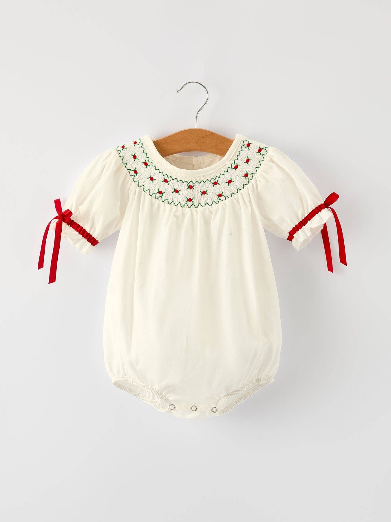 Christmas Girl's Bubble : Delicate Smocked Embroidery with Red Bow Det | Persnickety