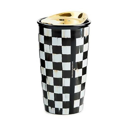 MACKENZIE-CHILDS Ceramic Travel Cup, Cute Tumbler Cup with Lid, 12 Ounces, Black-and-White Courtly Check | Amazon (US)