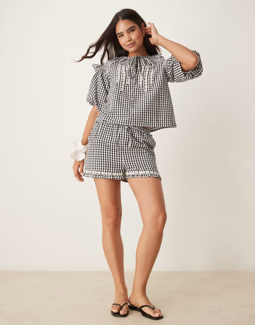 Neon Rose gingham ruffle edge shorts co-ord in black | ASOS (Global)