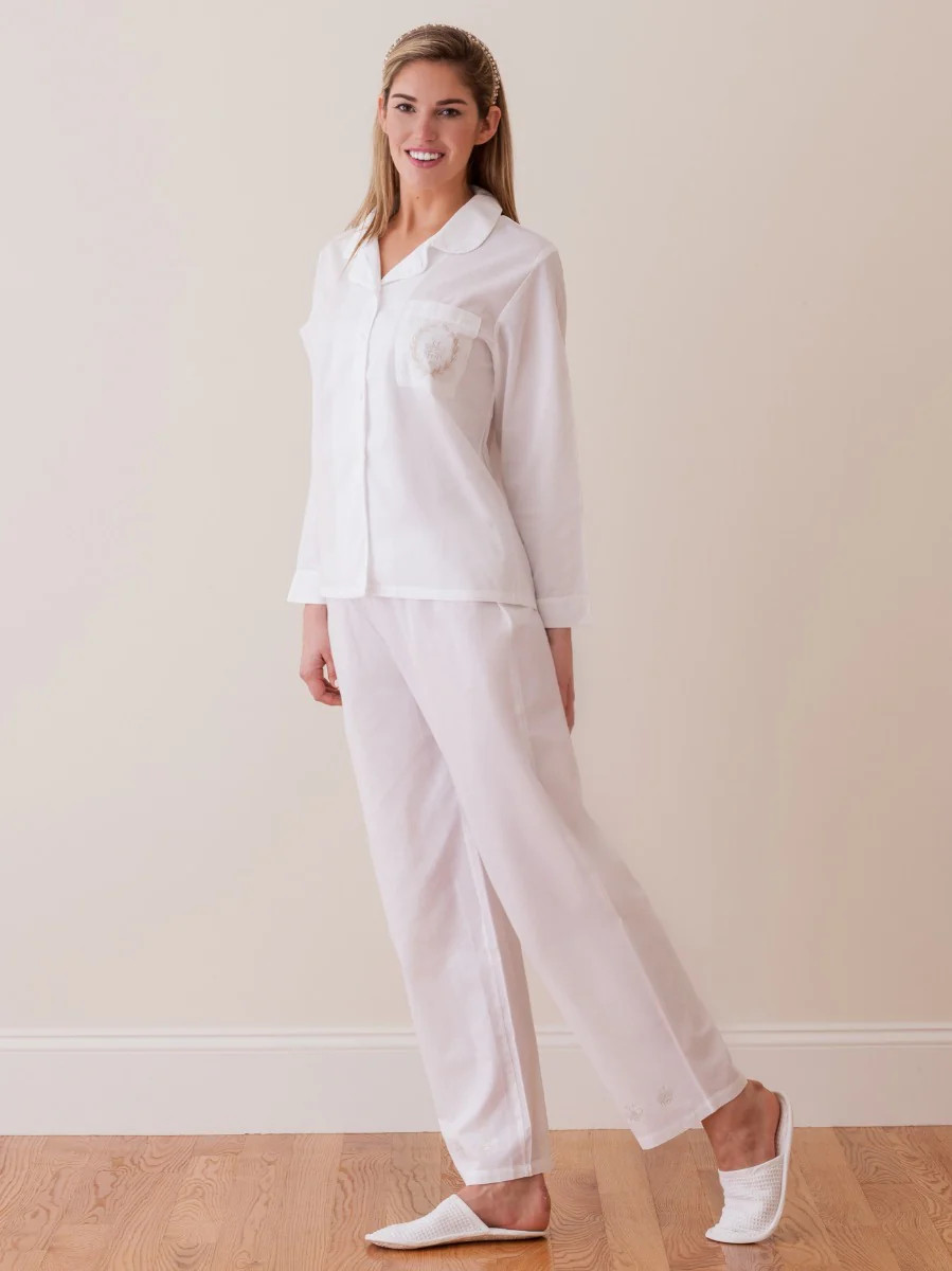 Lorraine White Cotton Pajamas, Embroidered | Jacaranda Living