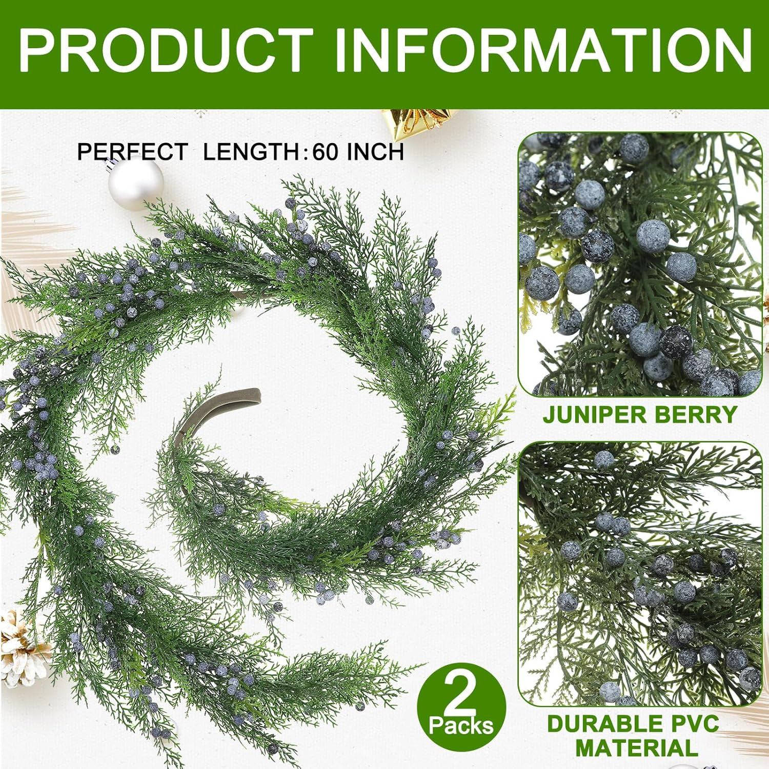 Jutom Christmas Vinyl Juniper Berry Garland Artificial Juniper Cedar Sprays with Berries Realisti... | Amazon (US)