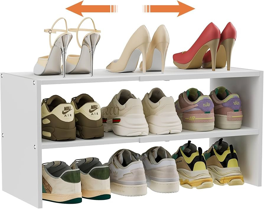 2-Tier Small Shoe Rack Organizer for Closet, White Expandable Shoe Shelf, Stackable Iron Wood Com... | Amazon (US)