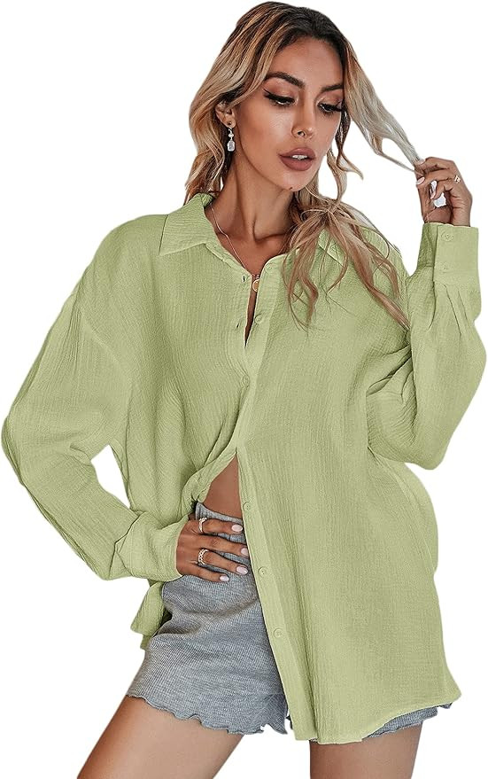 MakeMeChic Women's Oversized Button Down Shirts Collared Button Up Shirt Blouse Top | Amazon (US)