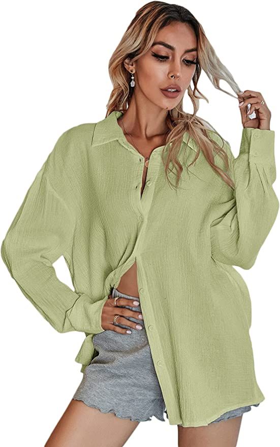 MakeMeChic Women's Oversized Button Down Shirts Collared Button Up Shirt Blouse Top | Amazon (US)