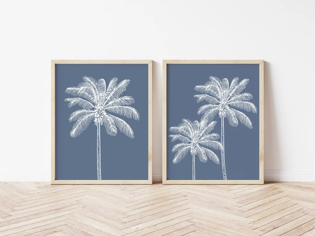 Palm Trees Printables Set of 2, Palm Tree Prints, Coastal Printables, Beach Wall Art, Navy Beach ... | Etsy (US)