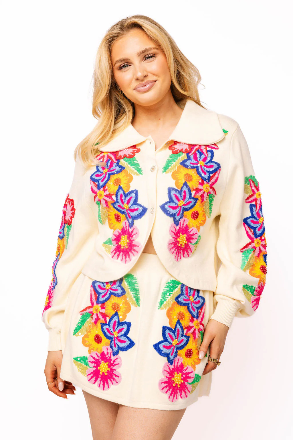 Ivory Embroidered Flower Button Up Collar Cardigan | Queen of Sparkles