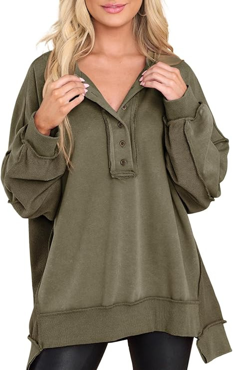 AlvaQ Womens Women's Oversized Sweatshirt Casual Long Sleeve Button Henley Neck Pullover Tunic To... | Amazon (US)