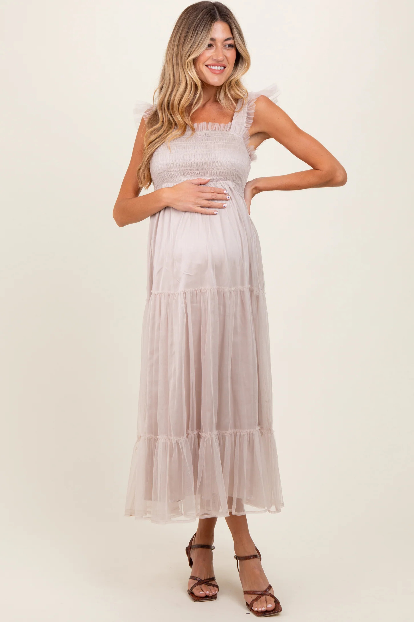 Beige Mesh Overlay Smocked Maternity Midi Dress | PinkBlush Maternity