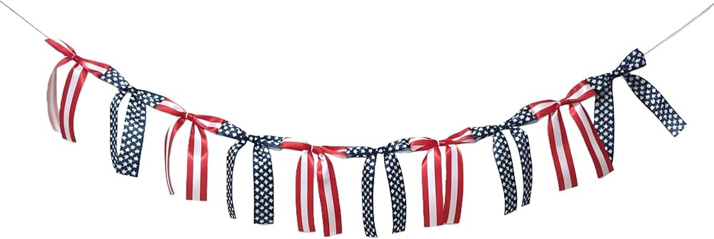 Songye American Flag Garland, Red White Blue Star Stripes Bow Patriotic Banner, Easy-Hang Reusabl... | Amazon (US)