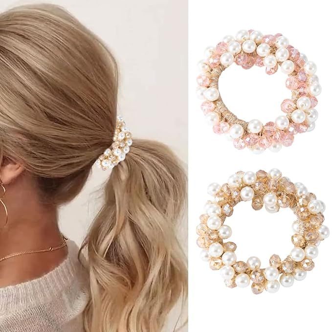 Amazon.com : Brinie Pearl Hair Ties Rhinestone Ponytail Holder Pink Hair Ropes Elastic Bead Hair ... | Amazon (US)