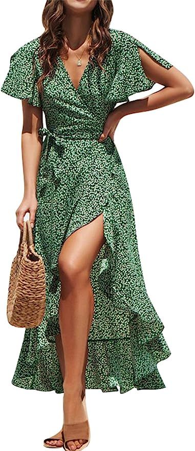 Miessial Women's Summer Chiffon V Neck Ruffle Maxi Dress Polka Dot Long Beach Wrap Dress | Amazon (US)