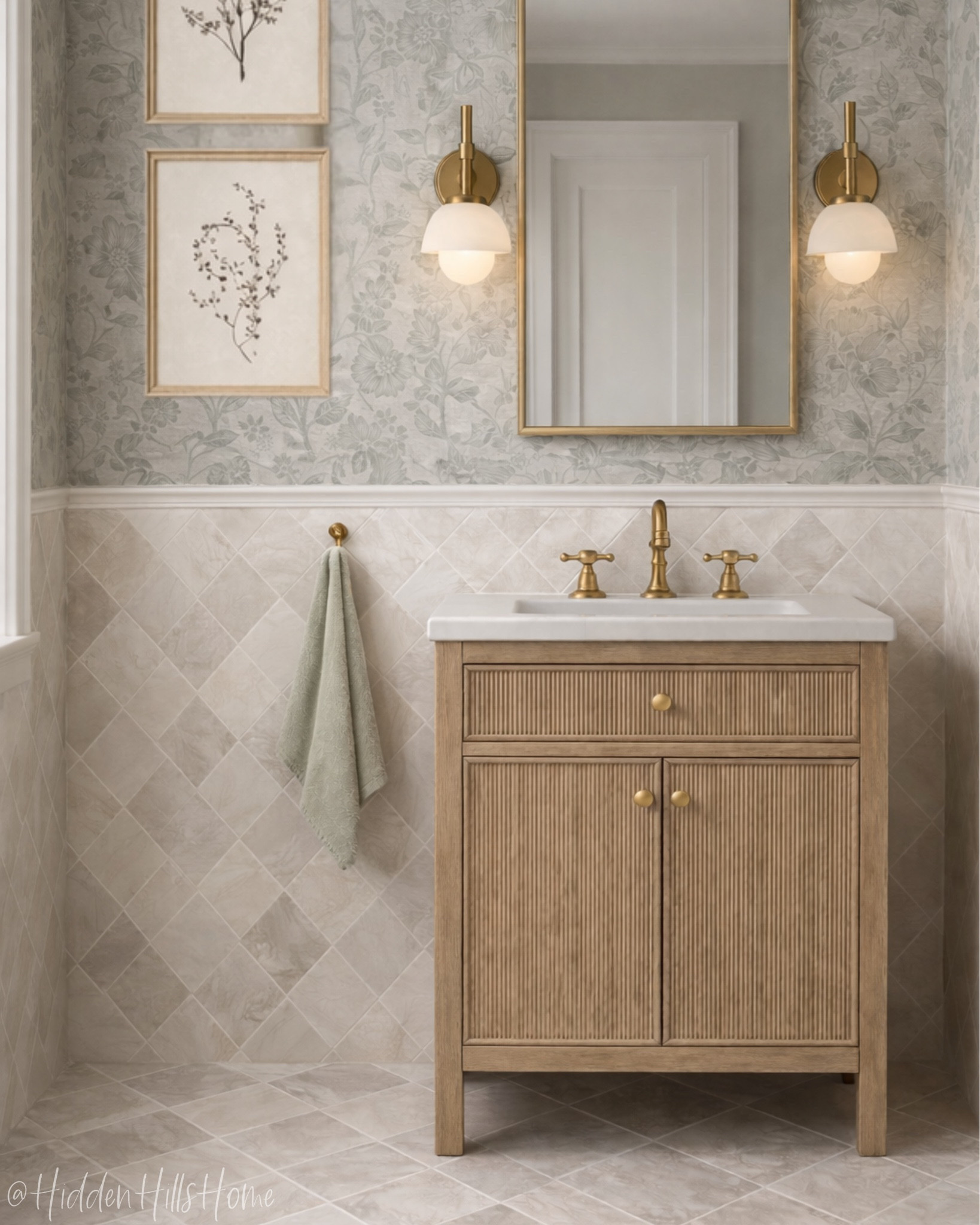 Bathroom decor mood board, bathroom vanity, home decor ideas, bathroom refresh, wallpaper, bathroom towels, wall hooks, vanity light, powder bath design #bath