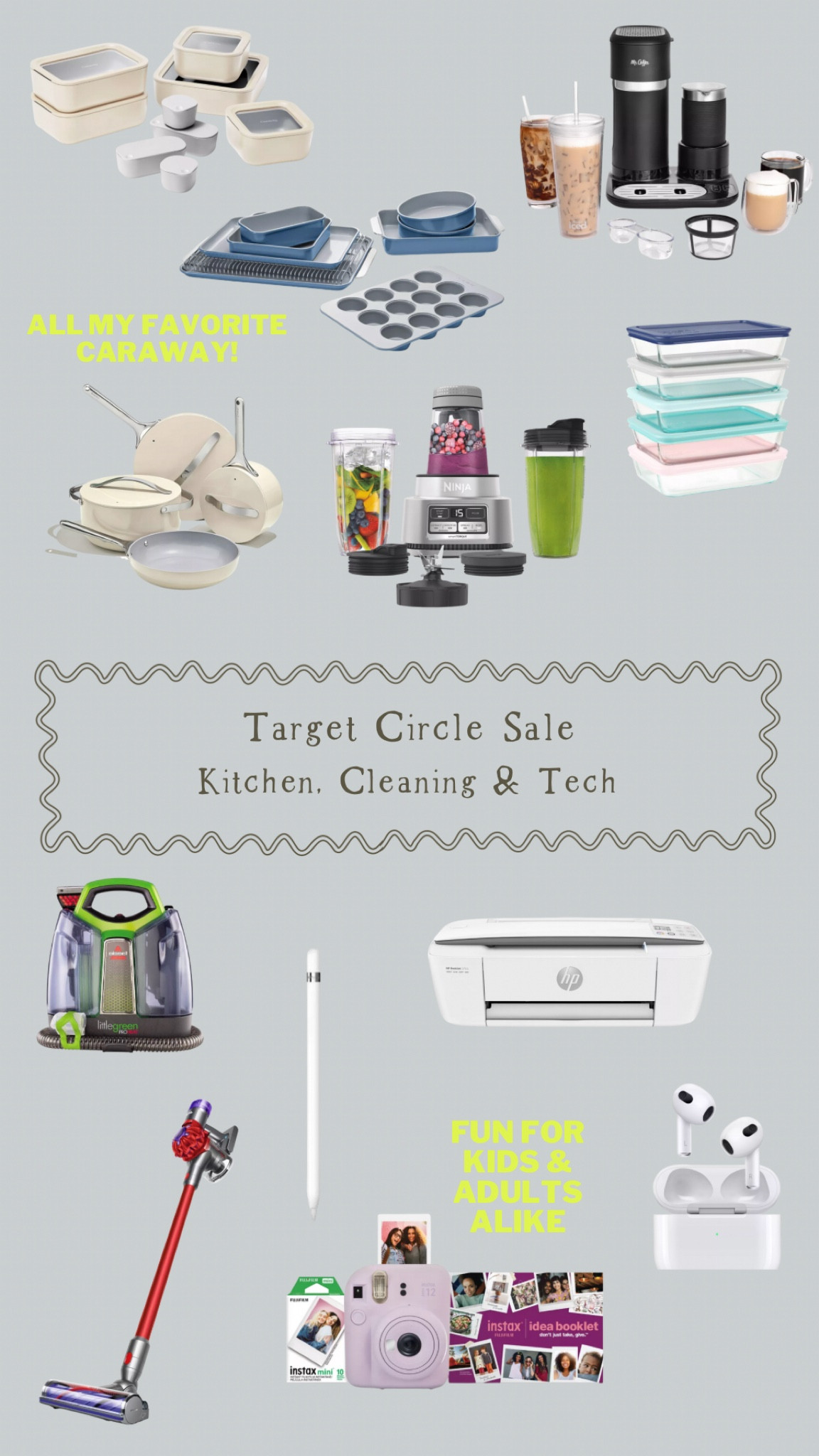 Target Circle Sale…kitchen, cleaning & tech. 

Caraway cookware, kitchenware, on sale, Mr. Coffee, Pyrex, Espresso maker, smoothie maker, blender, Ninja, Bissell, home office, Apple, AirPods, Instax camera, Dyson

#LTKFind #LTKhome #LTKsalealert