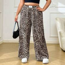 Plus Size Women Fashionable Leopard Print Straight Leg Pants | SHEIN