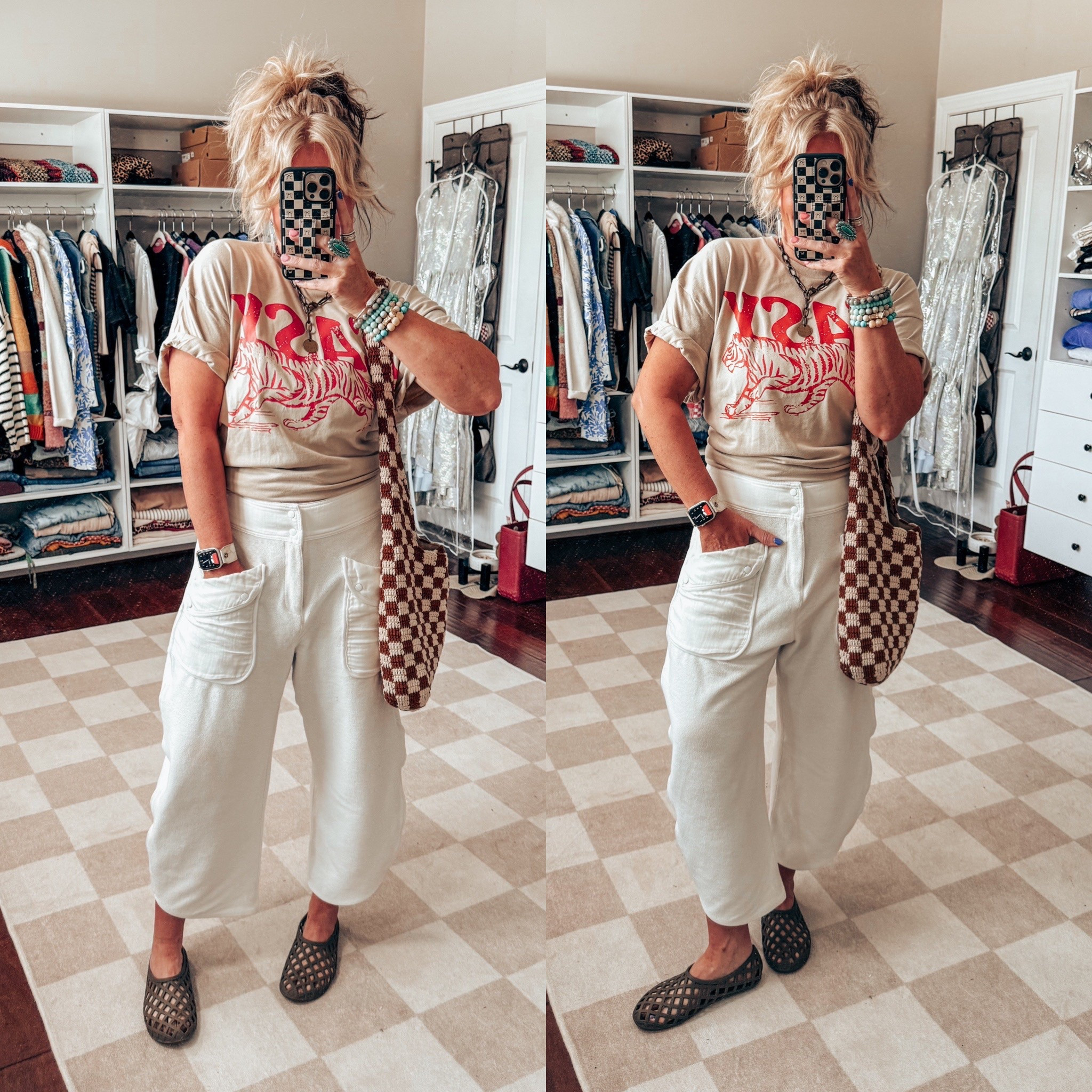 Love this graphic tee and still loving these pants from last year. They are so cute! 
Graphic tee - L
Pants - M
Jelly shoes - true to size 
🦋Bracelets - @threebirdnest save with code MANDIEMAULDIN
✨Necklace - @twistedsilver save with code MANDIE20 


#LTKOver40 #LTKStyleTip #LTKShoeCrush