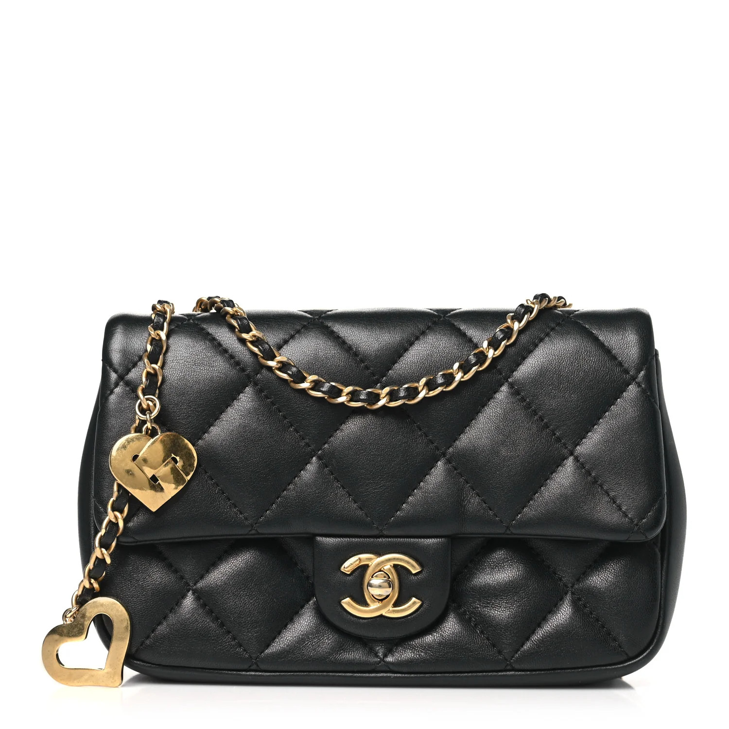 Lambskin Quilted Mini Heart Charms Flap Black | FASHIONPHILE (US)