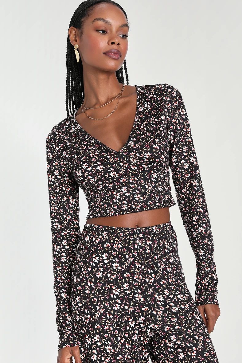 Tranquil Trend Black Floral Long Sleeve Two-Piece Lounge Set | Lulus (US)
