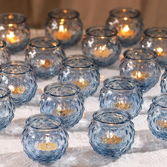 48Pcs Blue Votive Candle Holders - Round Candle Holders Bulk, Glass Candle Holder for Vintage Dec... | Amazon (US)