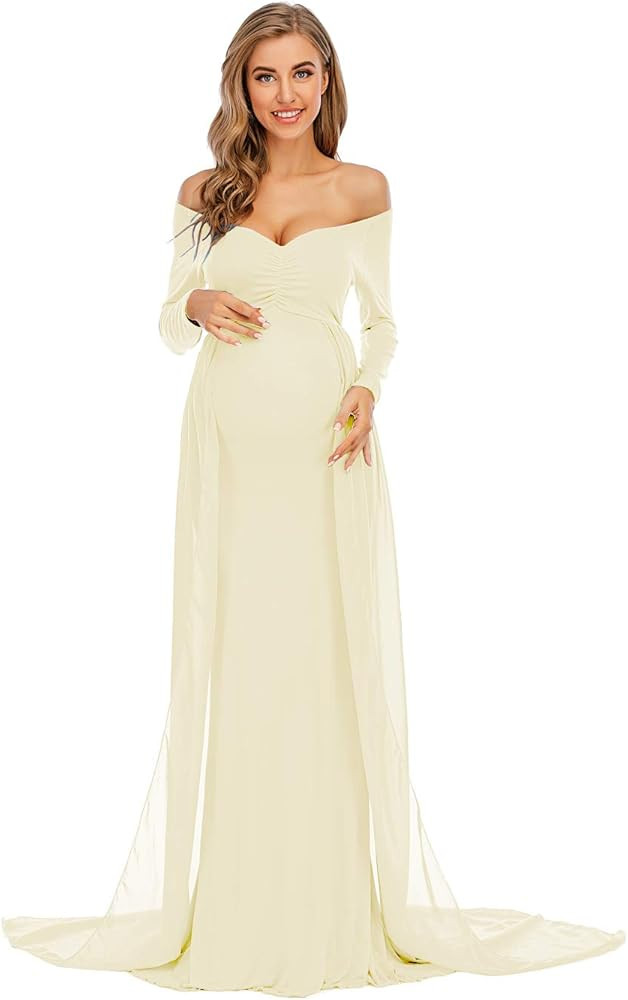 ZIUMUDY Maternity Off Shoulder Long Sleeve Fitted Gown Maxi Chiffon Dress for Photo Shoot Baby Sh... | Amazon (US)