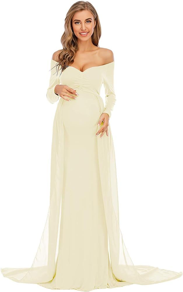 ZIUMUDY Maternity Off Shoulder Long Sleeve Fitted Gown Maxi Chiffon Dress for Photo Shoot Baby Sh... | Amazon (US)