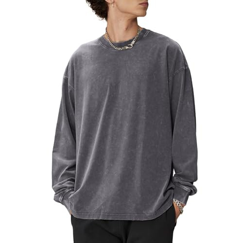 KEEPSHOWING Men's Oversized T Shirts Long Sleeve Shirts for Men Vintage Acid Wash Comfort Colors Crewneck Sweatshirt | Amazon (US)