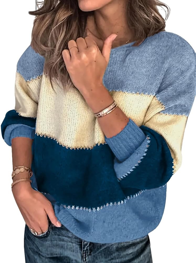 Womens Oversized Cute Color Block Sweater Fall 2025 Trendy Lightweight Knit Crew Neck Long Sleeve... | Amazon (US)
