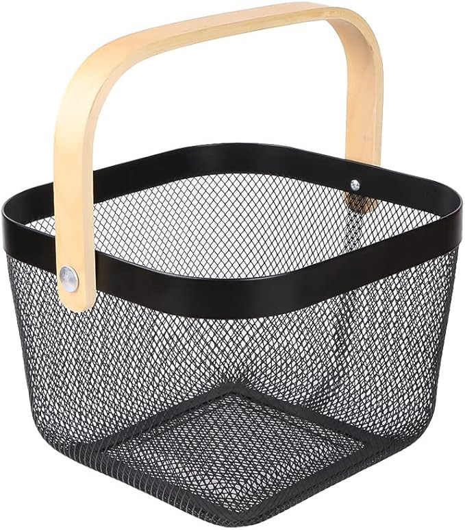 Mesh Steel Storage Organizer Basket Fruit Basket Bin with Wood Handle Ideal for Kitchen Bathroom ... | Amazon (US)
