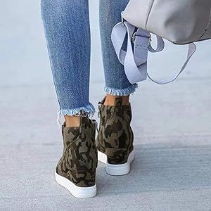 Womens Wedge Sneakers Platform High Top Side Zip Mid Heel Perforated Winter Ankle Boots | Amazon (US)