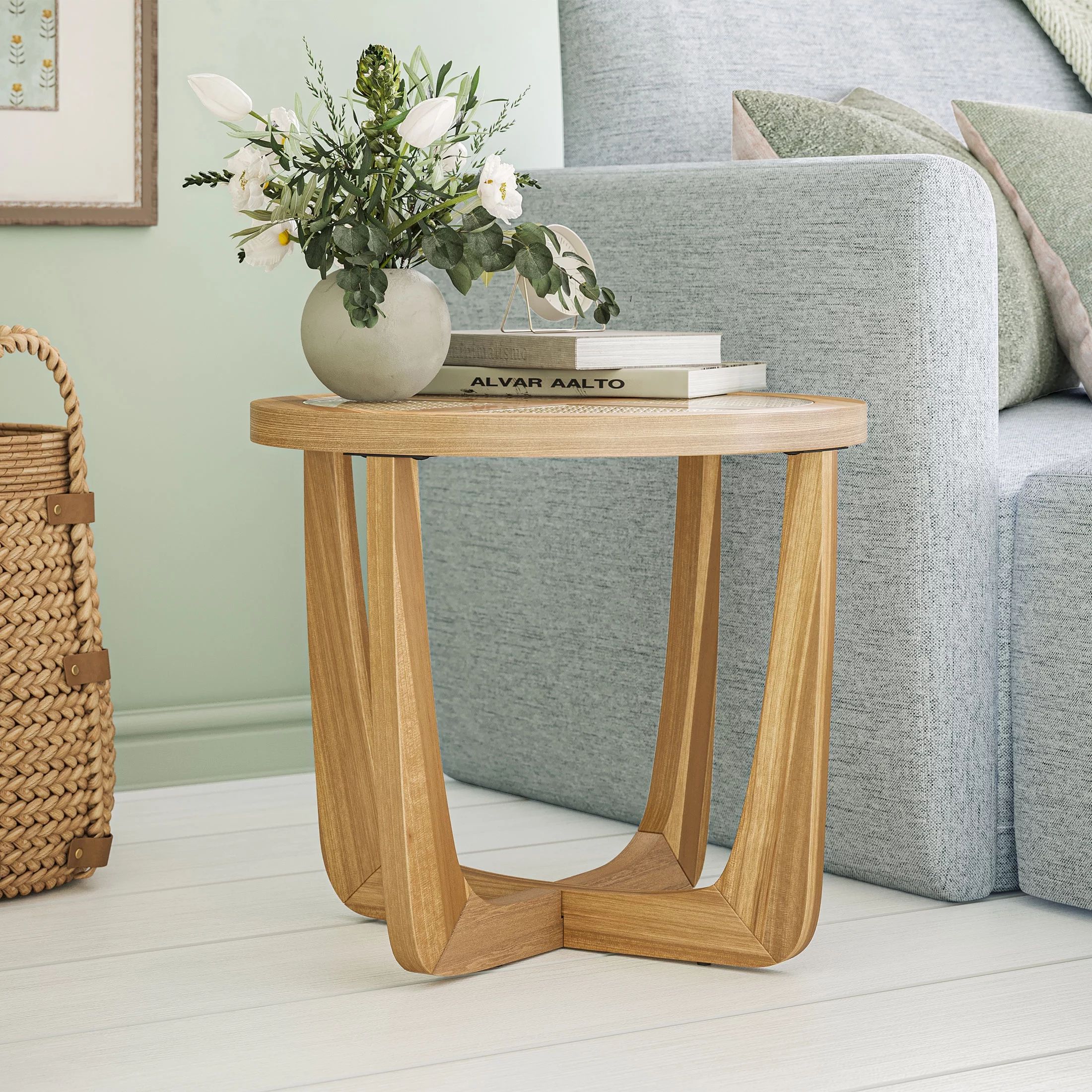 Beautiful Rattan & Glass Side Table with Solid Wood Frame by Drew Barrymore, Warm Honey Finish | Walmart (US)