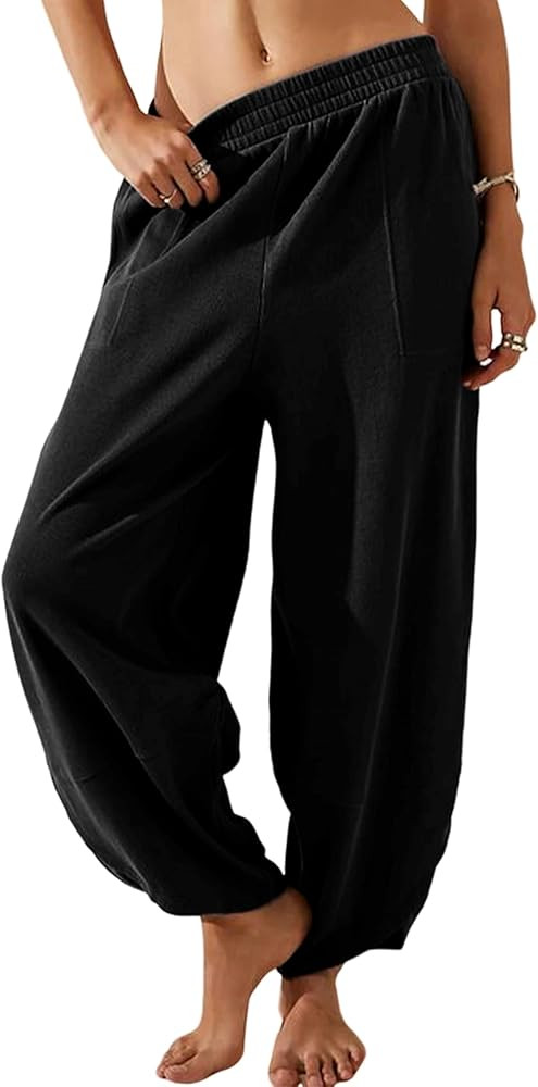 Himosyber Women Cotton Pants Wide Leg Pants Casual Loose Drawstring Low Waist Beach Palazzo Harem... | Amazon (US)