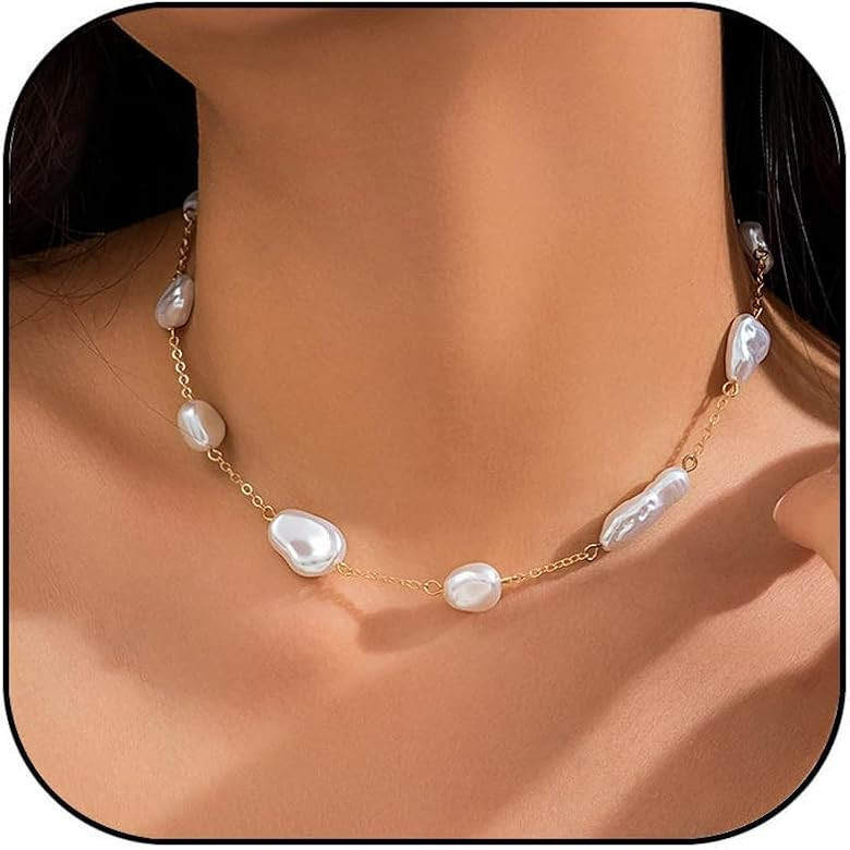 Gold Pearl Necklace for Women Baroque Pearl Choker Dainty Pearl Chain Necklace White Pearl Beaded... | Amazon (US)
