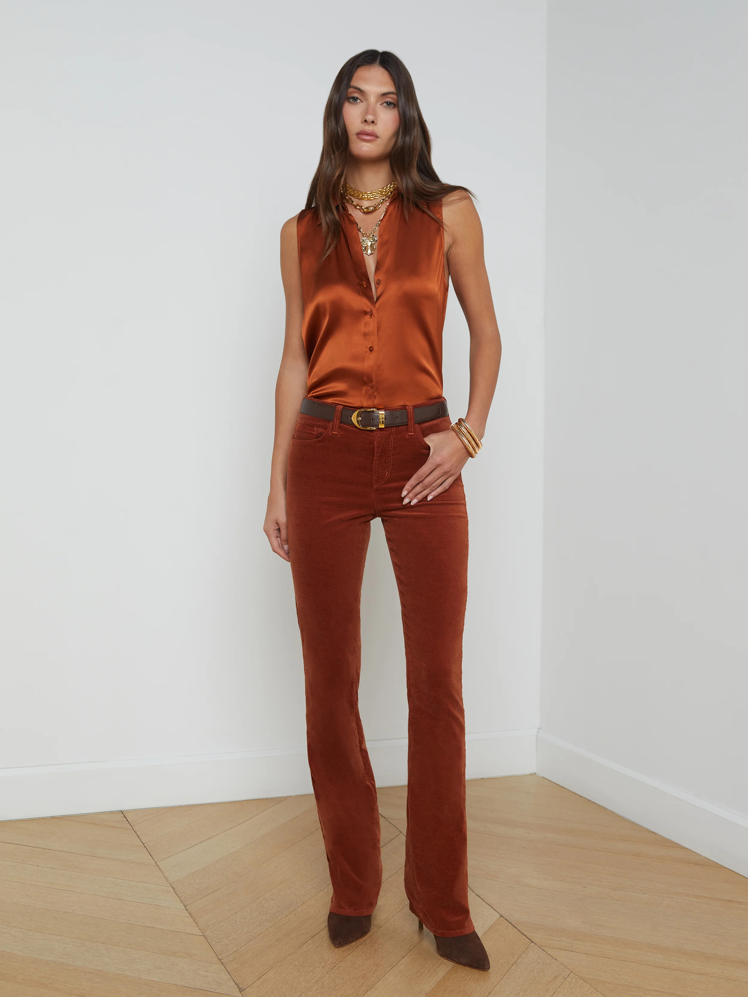 L'AGENCE - Stevie High-Rise Straight-Leg Velvet Jean in Rich Ginger | L'Agence
