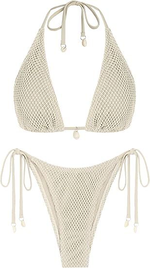 ZAFUL Women's Triangle Bikini Multiway Fishnet Tie Side Bandeau Halter String Bikini Set Two Piec... | Amazon (US)
