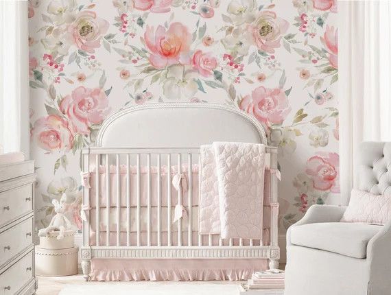 Watercolor Floral Peel & Stick Fabric Wallpaper, Repositionable Wallpaper, Floral Wallpaper for N... | Etsy (US)