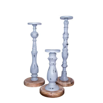 HomeRoots Set of Three Gray Distressed Wood Tabletop Pillar Candle Holders | Target