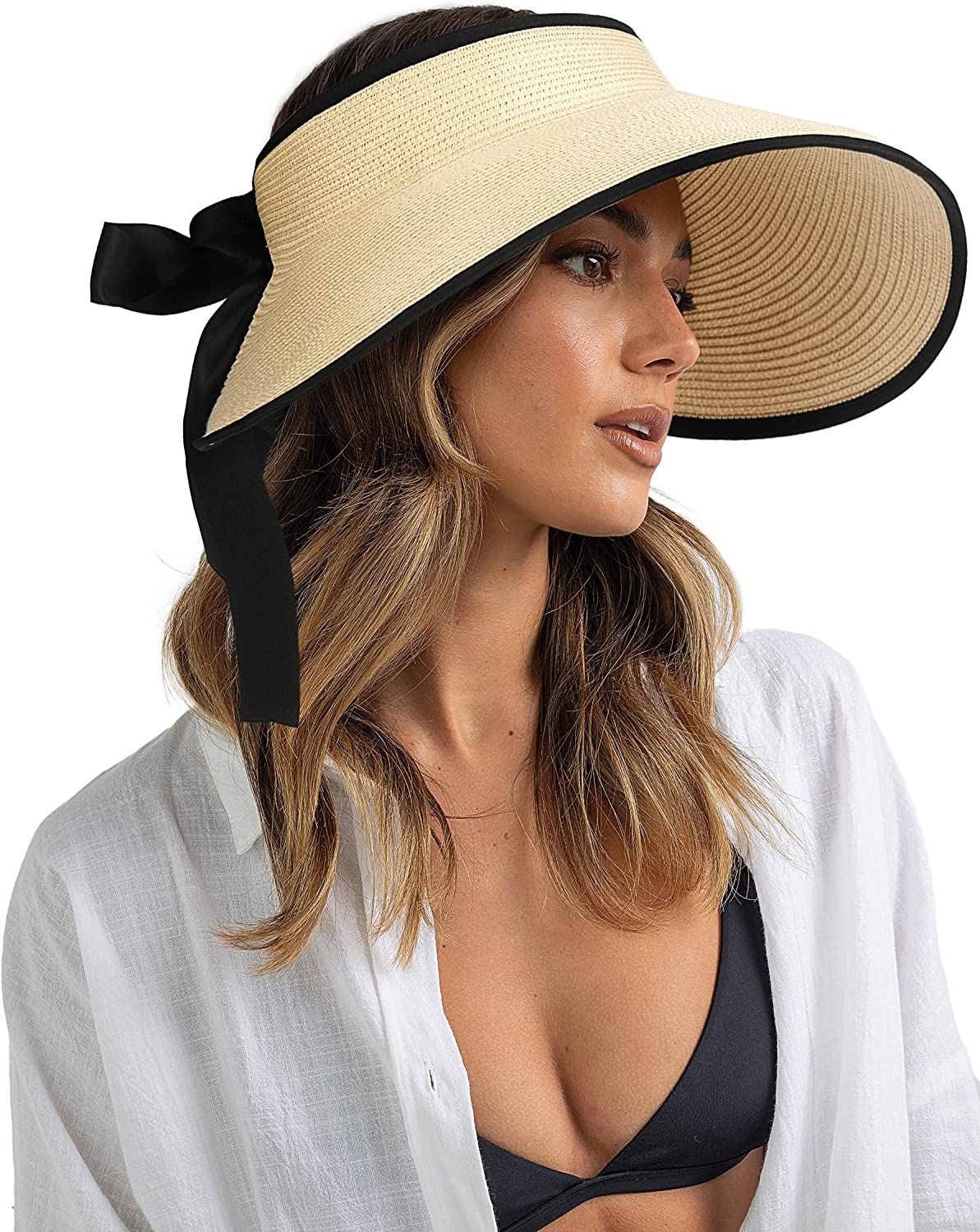 Camptrace Sun Visors for Women Wide Brim Beach Hat UPF 50+ Roll-up Straw Sun Hat Ponytail Summer ... | Amazon (US)